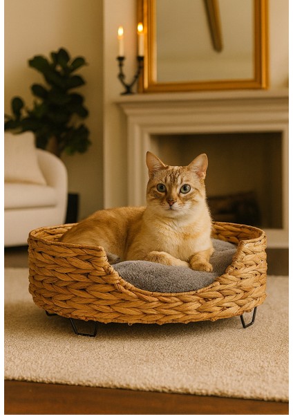 Dekoratif Yuvarlak Hasır Kedi Köpek Yatagı Sepet 55X22CM