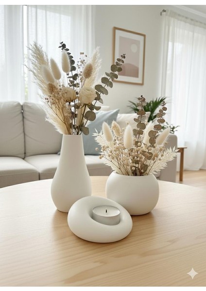 Minimalist Tasarım 3 Parça Vazo Mumluk Seti | Dekoratif El Yapımı Ev Aksesuarı