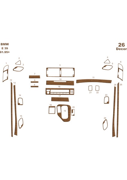 Bmw 5 Seri E39 Uyumlu Konsol-Torpido Kaplama 1995 26 Parça Açık Meşe