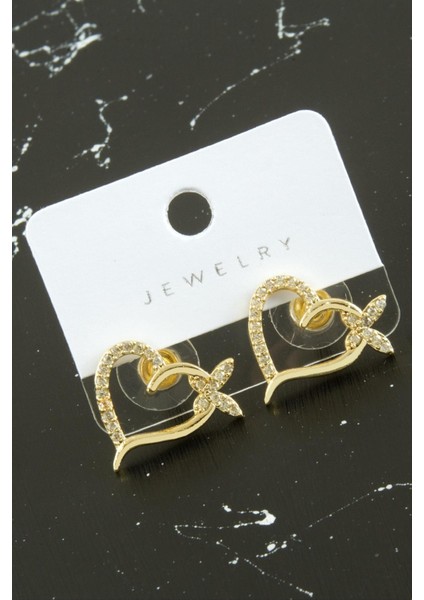 Depomix Kalp Kelebek Zirkon Taşlı Küpe-Sarı