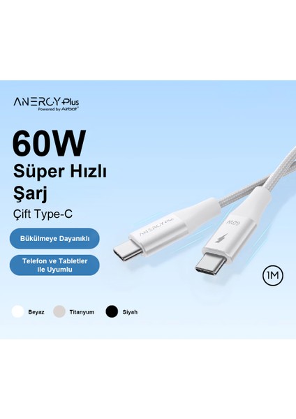 CTC60 Type-C’den Type-C’ye Manyetik Bağlantılı Şarj Kablosu 60W 1 Metre,veri ve Pd Kablosu, Ultra Hızlı Şarj, Android Için, Beyaz(1 Metre)