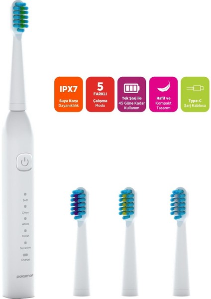 PSC74 Şarjlı Diş Fırçası — 500 Mah, Ipx7, 5 Mod, 3+1 Yedek Başlık fiyatları