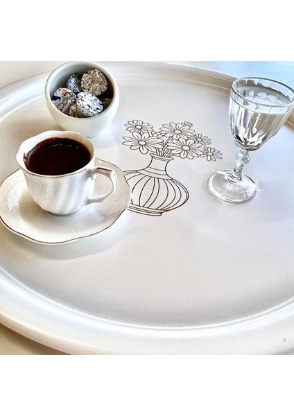 50 cm Yuvarlak Metal Tepsi Kahvaltı Çay Kahve Sunum Tepsisi BEYAZ fırsatları