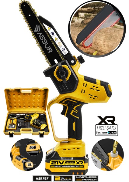 21V Çift Akü Otomatik Yağlamalı El Testeresi Ağaç Odun Dal Kesme Budama Dijital Gösterge