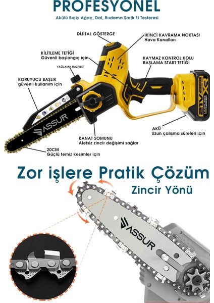 21V Çift Akü Otomatik Yağlamalı El Testeresi Ağaç Odun Dal Kesme Budama Dijital Gösterge fiyatları