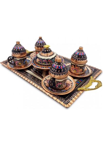 Kahve Fincanı 4 Kişilik Işlemeli Set Bakır Dikdörtgen Tepsili