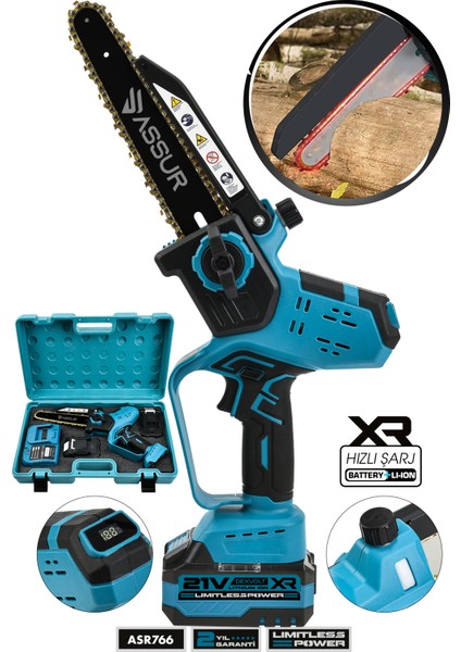 21V Çift Akü Otomatik Yağlamalı El Testeresi Ağaç Odun Dal Kesme Budama Dijital Gösterge