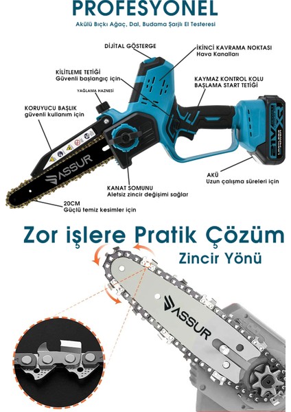21V Çift Akü Otomatik Yağlamalı El Testeresi Ağaç Odun Dal Kesme Budama Dijital Gösterge fiyatları