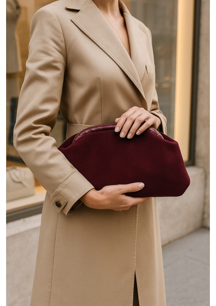 Bordo Süet Deri Portföy Clutch Çanta