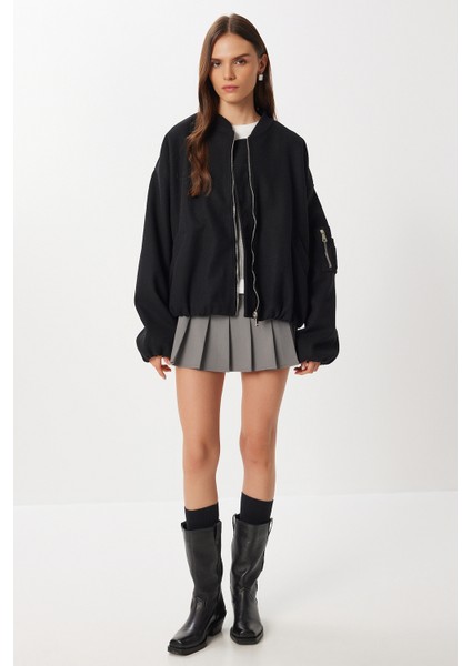 Oversize Kaşe Bomber Ceket LFG0167 Siyah
