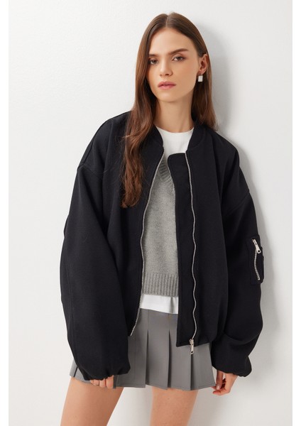 Oversize Kaşe Bomber Ceket LFG0167 Siyah modelleri