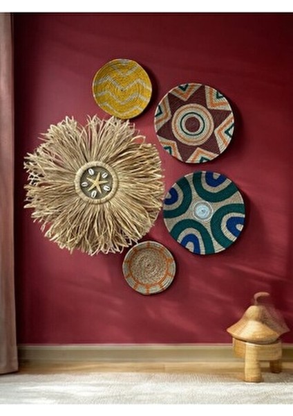5li Bohem El Yapımı Hasır Duvar Tabağı Seti - Etnik