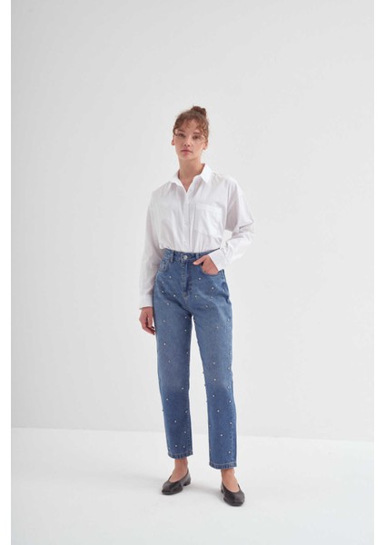 Taş Işlemeli Mom Fit Pantolon Mavi modelleri