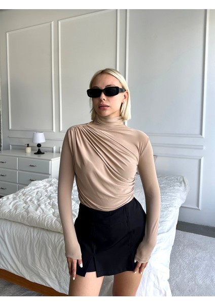 Kadın Bluz Uzun Kollu Dik Yaka Büzgü Detaylı Likralı Sandy