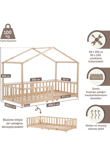 KCB350 Çatılı Montessori Yer Yatağı – 90X190 Cm, 90X200 Cm’ye Dönüştürülebilir Masif Ahşap Çocuk Yatağı fiyatları