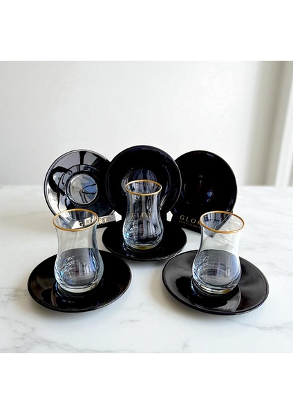 Siyah ve Altın Detaylı 6 Kişilik Çay Seti | Modern Koleksiyon