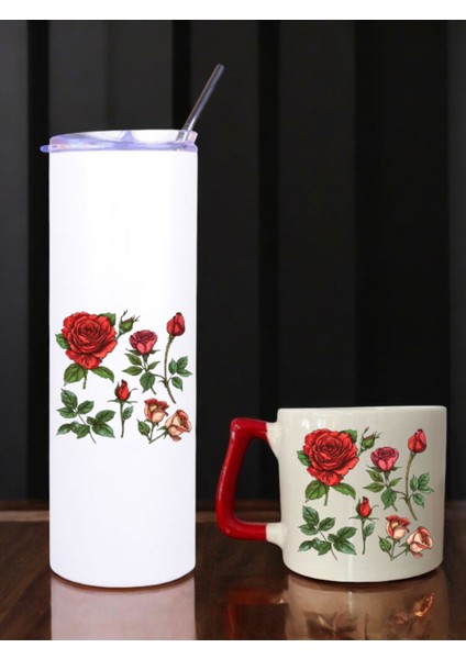 Çiçekler Baskılı 600 ml Termos ve 250 ml Bardak - Pipetli Termos ve Bardak Seti