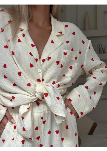 Kadın Beyaz Kalp Baskılı V Yaka Uzun Kol Düğme Kapamalı Pantolon Gömlek Pijama Takımı fiyatları
