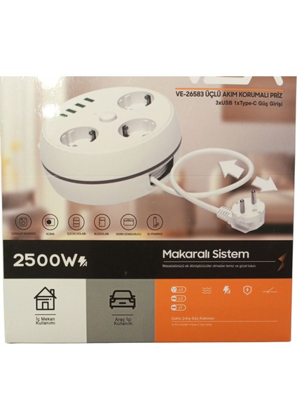 VE-26583 3'LÜ 1.5 METRE KABLOLU 3 USB + TYPE-C GİRİŞLİ AKIM KORUMALI GRUP PRİZ modelleri