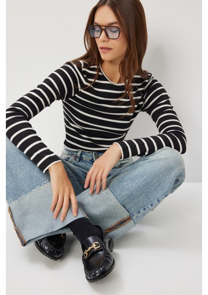 Çizgili Basic Esnek Örme Bluz LUB0261 Siyah Kemik
