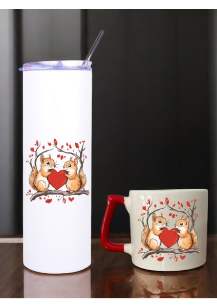 Sincap Kalp Baskılı 600 ml Termos ve 250 ml Bardak - Pipetli Termos ve Bardak Seti
