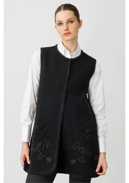 25014 Desen Triko Önü Yaprak Çiçekli Afrodit Sallama Bantlı Çıtçıtlı S Yaka Uzun Yelek