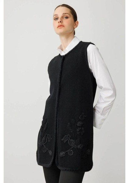 25014 Desen Triko Önü Yaprak Çiçekli Afrodit Sallama Bantlı Çıtçıtlı S Yaka Uzun Yelek modelleri