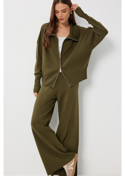 Fermuarlı Hırka Pantolon Triko Takım LAN0077 Haki