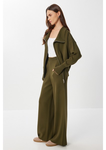 Fermuarlı Hırka Pantolon Triko Takım LAN0077 Haki modelleri