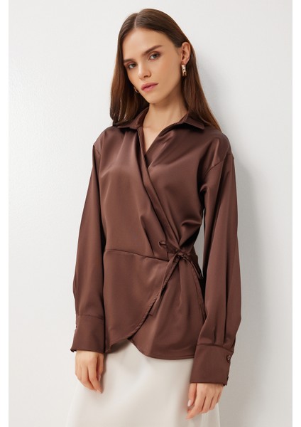 Gömlek Yaka Anvelop Saten Yüzeyli Bluz LAN0079 Kahverengi
