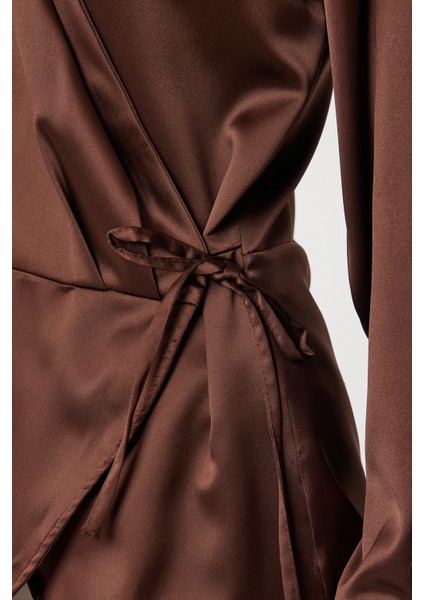 Gömlek Yaka Anvelop Saten Yüzeyli Bluz LAN0079 Kahverengi modelleri