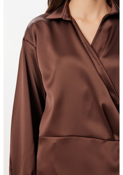 Gömlek Yaka Anvelop Saten Yüzeyli Bluz LAN0079 Kahverengi fırsatları