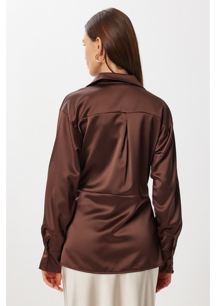 Gömlek Yaka Anvelop Saten Yüzeyli Bluz LAN0079 Kahverengi indirimleri