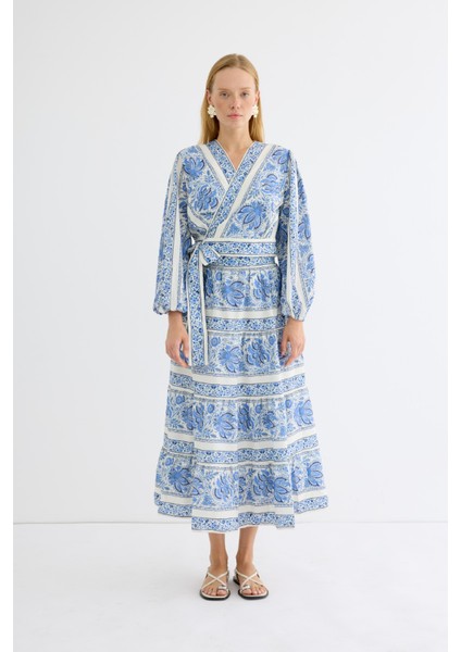 Desenli Kruvaze Etek Takım Mavi