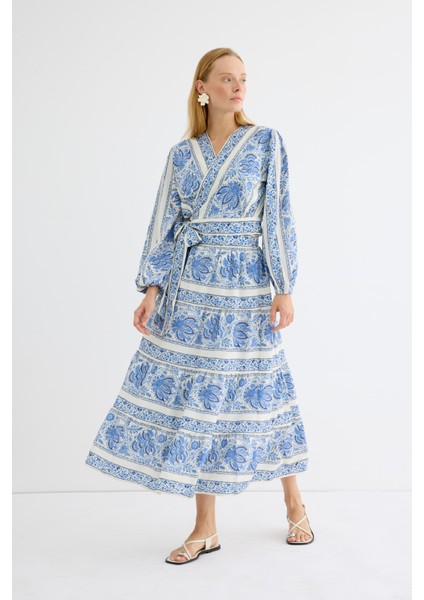 Desenli Kruvaze Etek Takım Mavi fiyatları