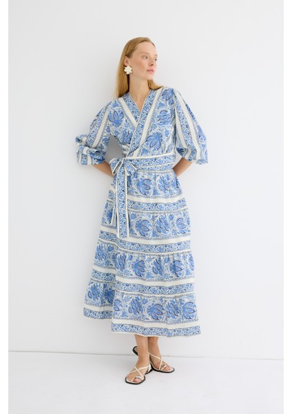 Desenli Kruvaze Etek Takım Mavi modelleri