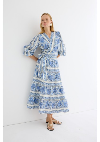 Desenli Kruvaze Etek Takım Mavi fırsatları