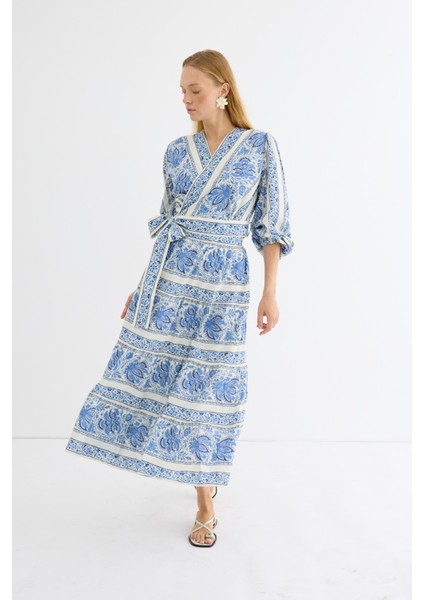 Desenli Kruvaze Etek Takım Mavi indirimleri