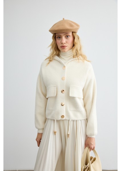 Tüylü Triko Bomber Bej