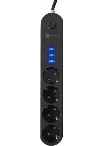 4lü Siyah Anahtarlı 3 USB Li Akım Korumalı Topraklı Çocuk Korumalı Grup Priz 2 Metre