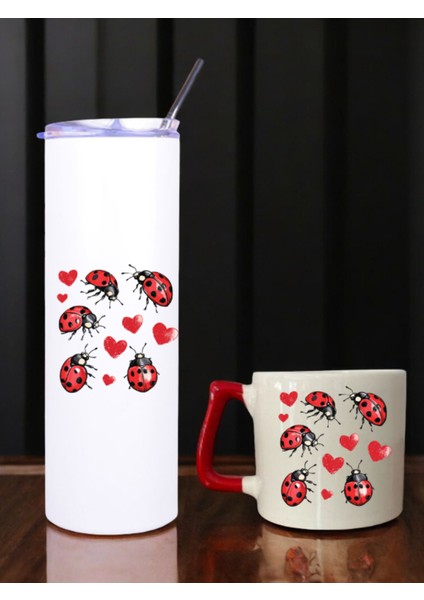 Uğur Böceği Baskılı 600 ml Termos ve 250 ml Bardak - Pipetli Termos ve Bardak Seti