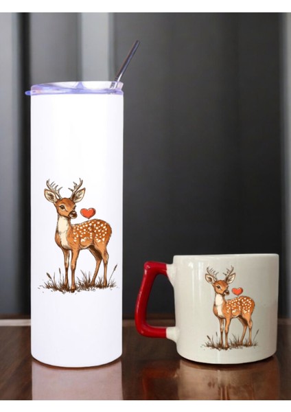 Geyik Kalp Baskılı 600 ml Termos ve 250 ml Bardak - Pipetli Termos ve Bardak Seti