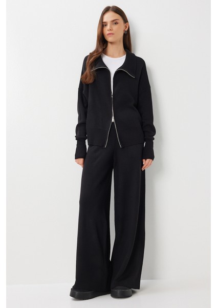 Fermuarlı Hırka Pantolon Triko Takım LAN0077 Siyah