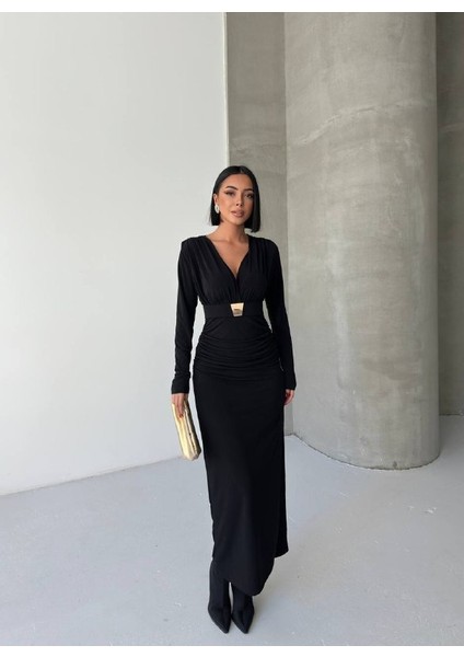 Kruvaze Aksesuarlı Maxi Elbise