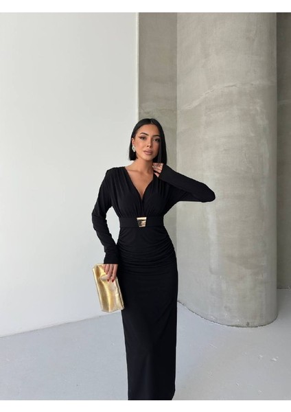 Kruvaze Aksesuarlı Maxi Elbise