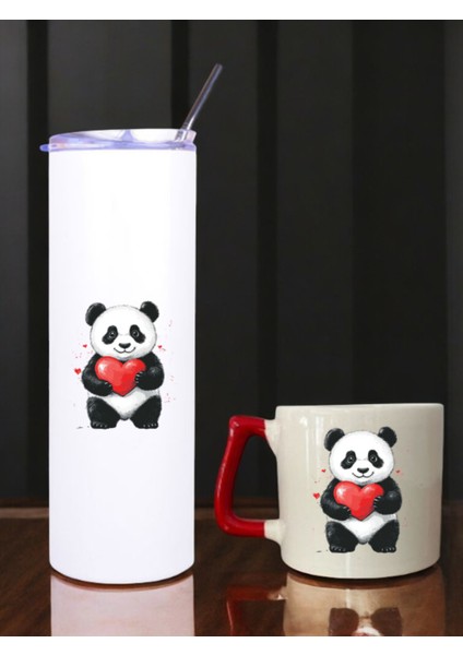 Panda Kalp Baskılı 600 ml Termos ve 250 ml Bardak - Pipetli Termos ve Bardak Seti
