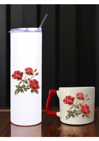 Gül Teması Baskılı 600 ml Termos ve 250 ml Bardak - Pipetli Termos ve Bardak Seti