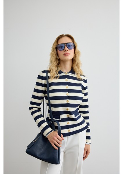 Çizgili Triko Hırka Lacivert