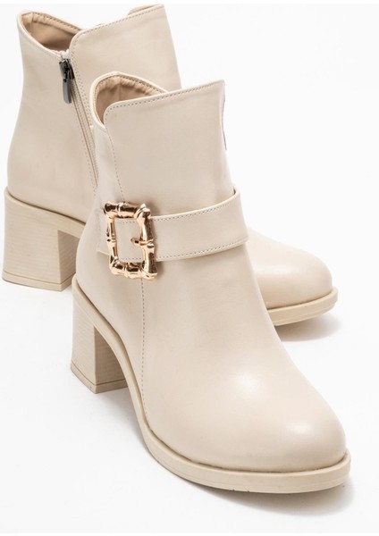 Kadın Büyük Altın Tokalı Topuklu Bot Bej Cilt