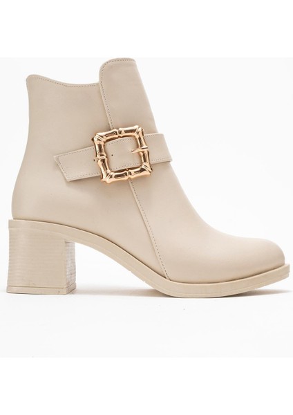 Kadın Büyük Altın Tokalı Topuklu Bot Bej Cilt fiyatları
